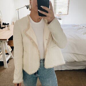 Hache Cream Tweed Blazer with Fringe Hem